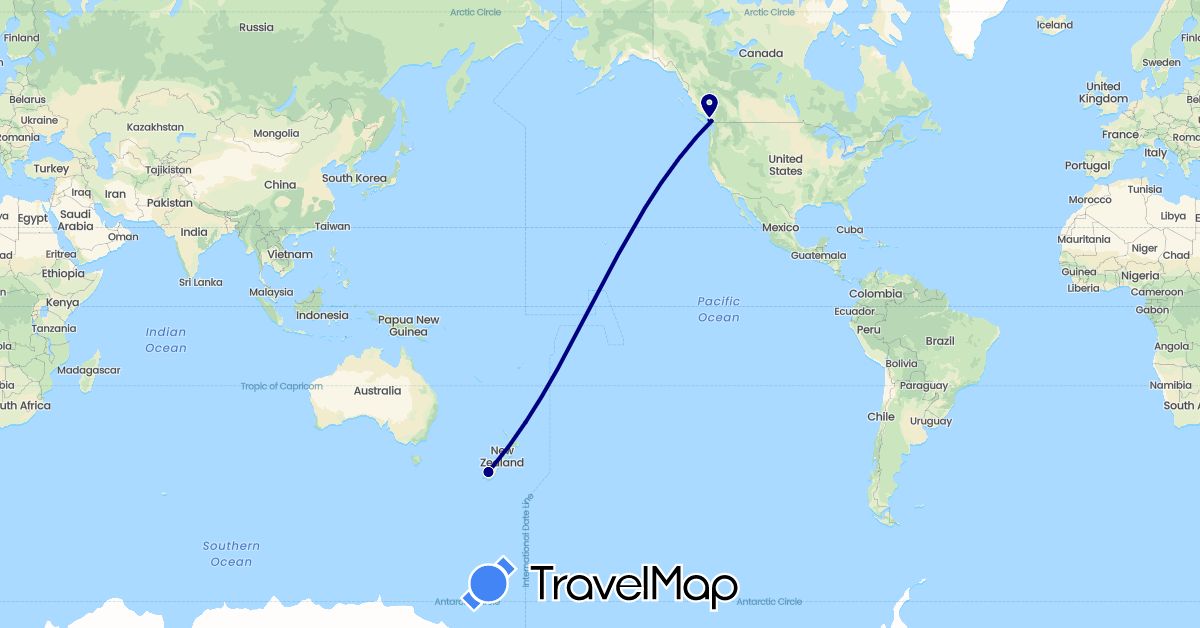 TravelMap itinerary: driving in Canada, New Zealand (North America, Oceania)
